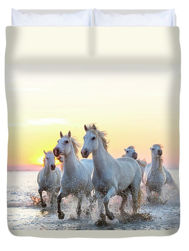 Animal Themes Duvet Cover featuring the photograph Camargue White Horses Running In Water by Peter Adams