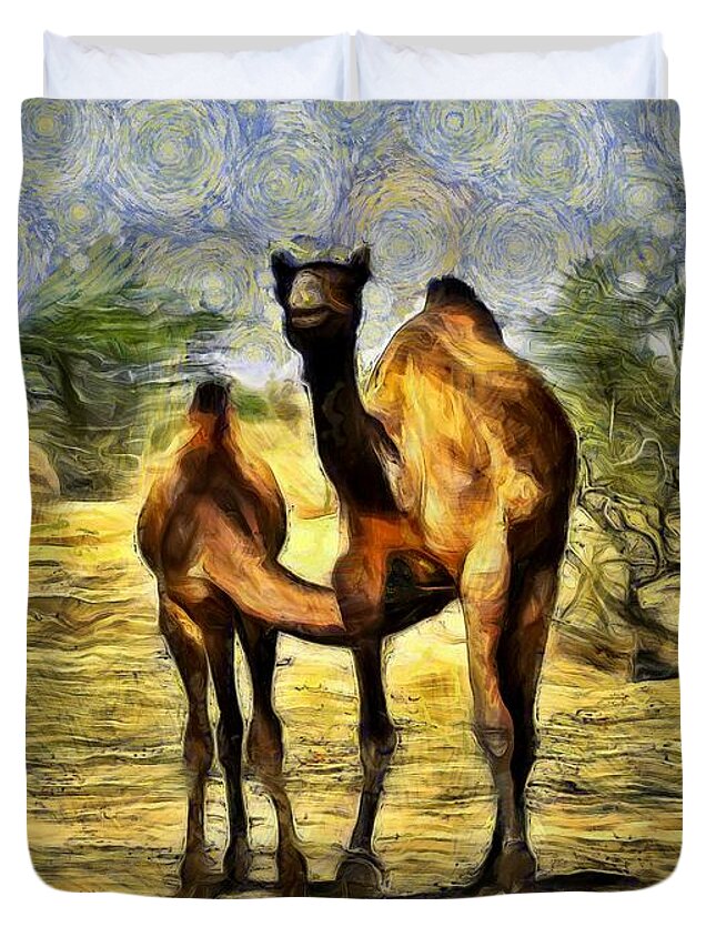 Camel Duvet Cover featuring the photograph Camel Mom and Baby in Desert India Rajasthan by Sue Jacobi