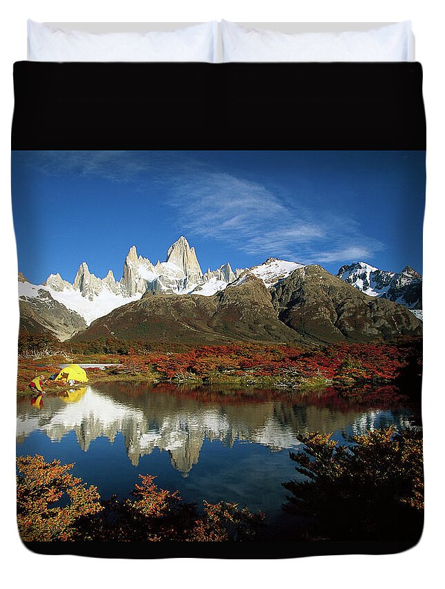 00260065 Duvet Cover featuring the photograph Camp Beside Small Pond Below Fitzroy by Colin Monteath