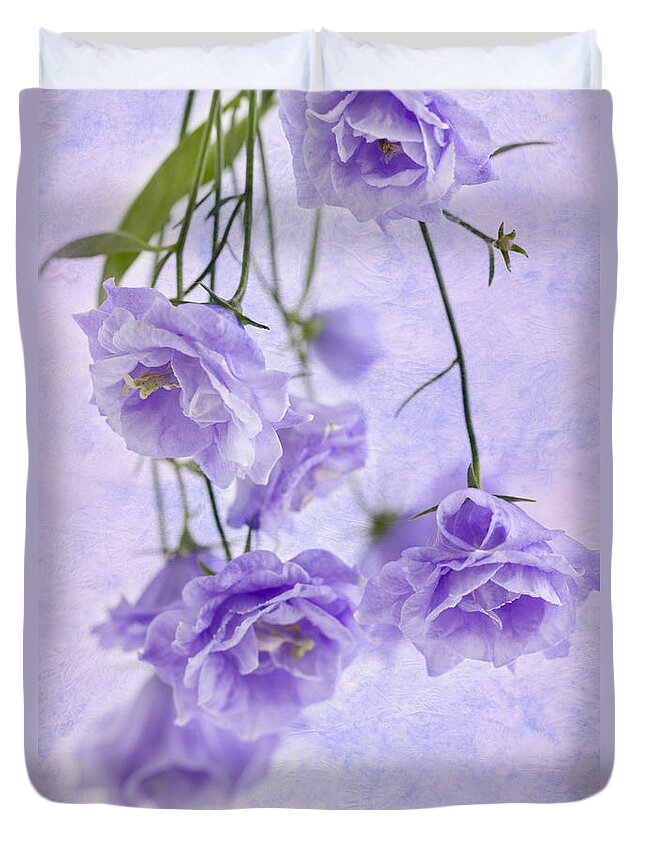 Purple Flower Duvet Cover featuring the photograph Campanella Blossoms Suspended - Macro by Sandra Foster