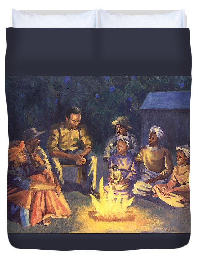 Camp Duvet Cover featuring the painting Campfire Stories by Colin Bootman
