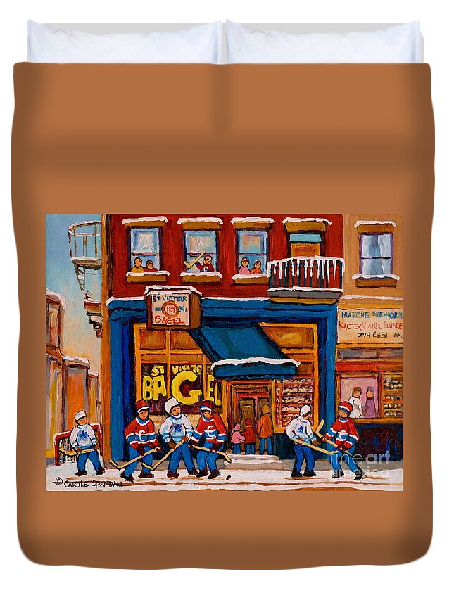 Canadian Art Specialist Duvet Cover featuring the painting Canadian Artists Paint Hockey And Montreal Streetscenes Over 500 Prints Available by Carole Spandau