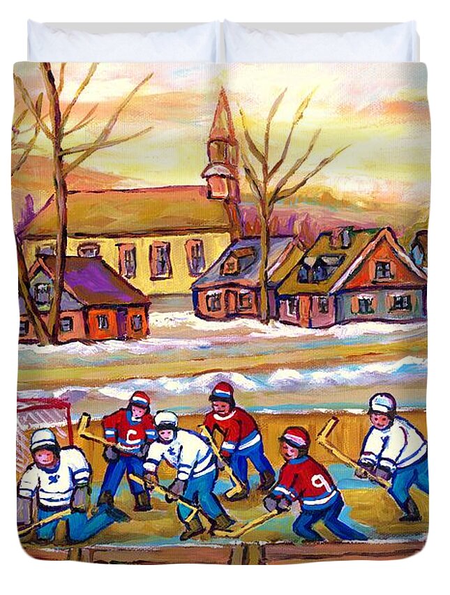 Montreal Duvet Cover featuring the painting Canadian Village Scene Hockey Game Quebec Winter Landscape Outdoor Hockey Carole Spandau by Carole Spandau
