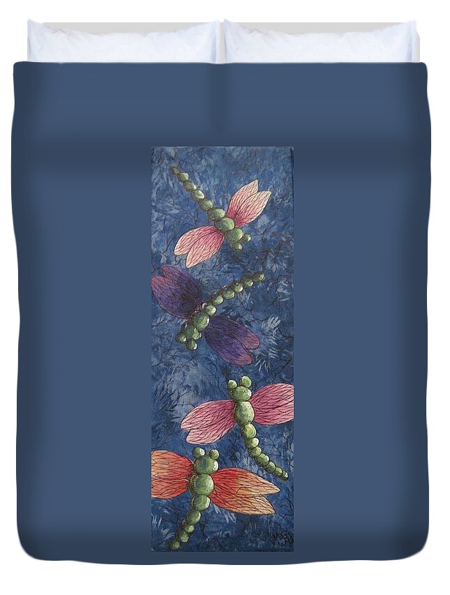 Dragonflies Duvet Cover featuring the painting Candy-winged dragons by Megan Walsh