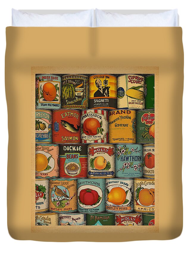 Cans Food Retro Duvet Cover featuring the drawing Canned by Meg Shearer