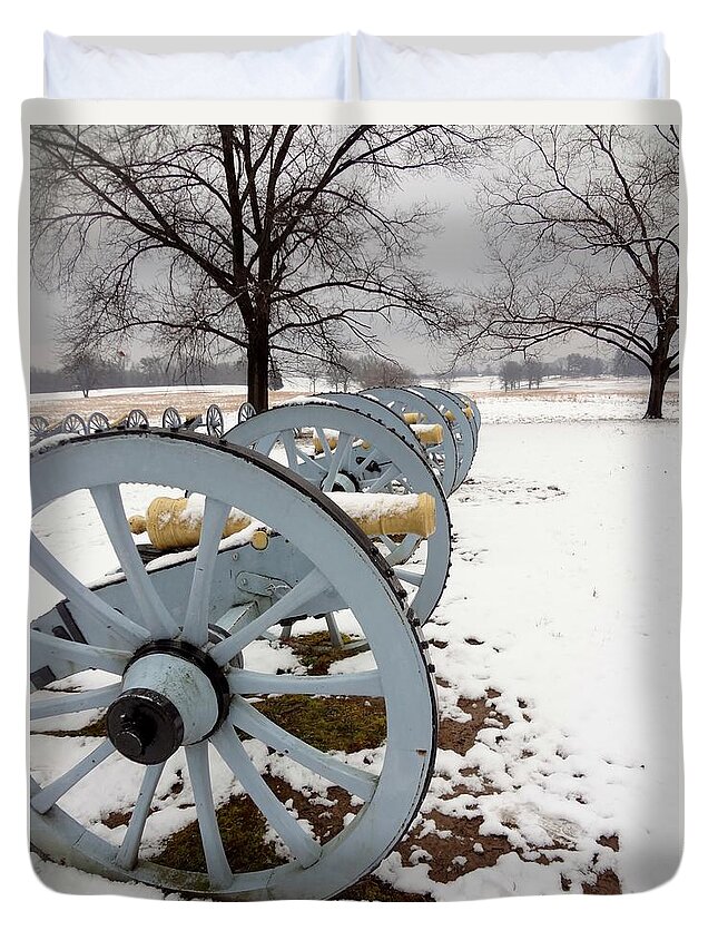 Cannons Duvet Cover featuring the photograph Cannon's in the snow by Michael Porchik