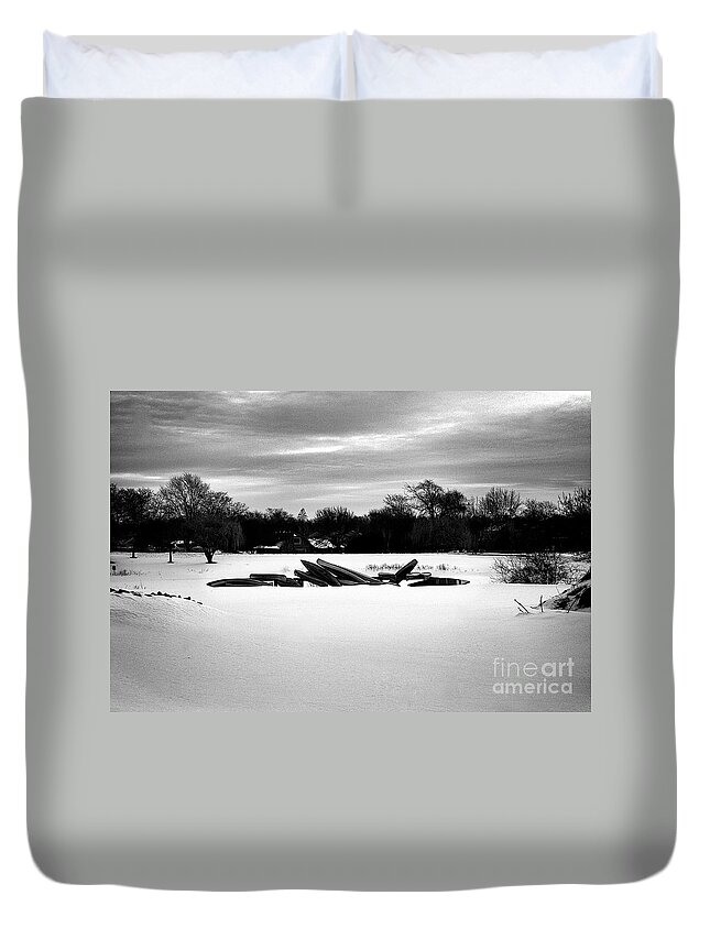 Frank J Casella Duvet Cover featuring the photograph Canoes in the Snow - Monochrome by Frank J Casella