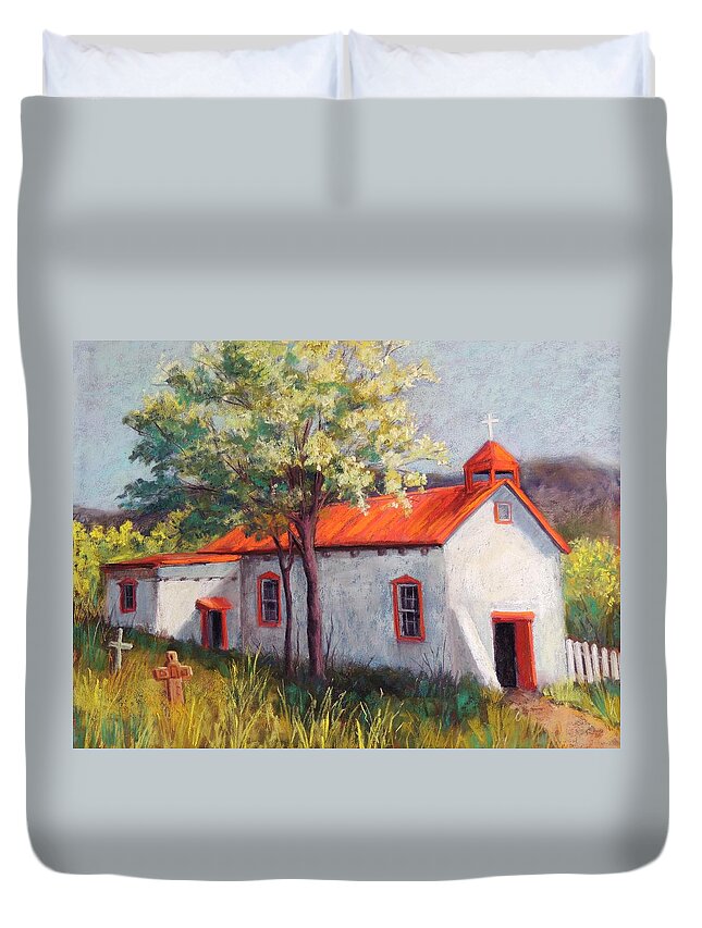 Southwest Church Duvet Cover featuring the pastel Canoncito Church by Candy Mayer