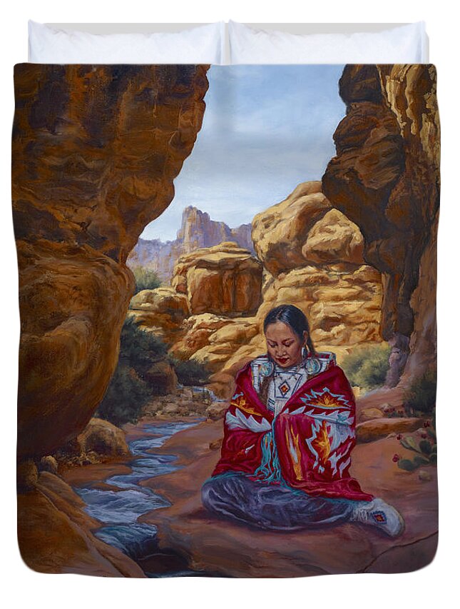 Stream Duvet Cover featuring the painting Canyon Cathedral by Christine Lytwynczuk