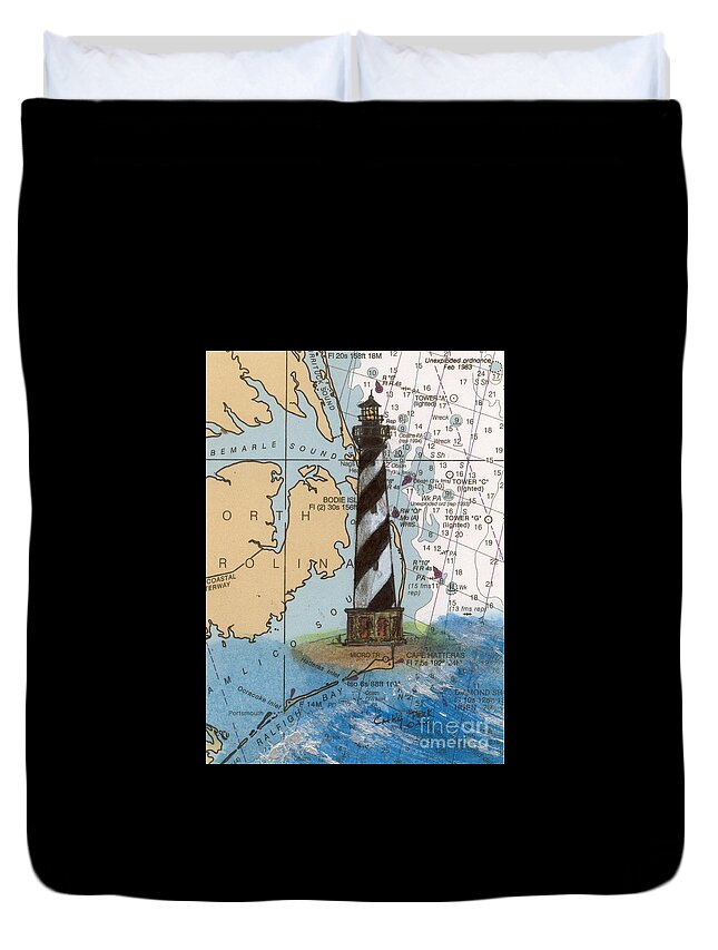Cape Duvet Cover featuring the painting Cape Hatteras Lighthouse NC Nautical Chart Map Art Cathy Peek by Cathy Peek