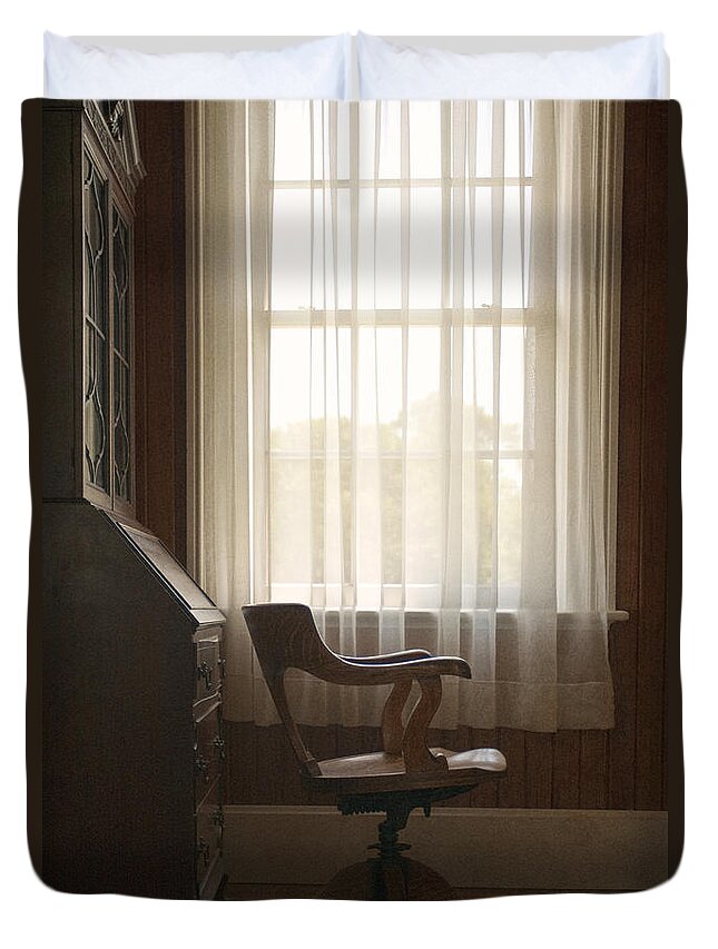 Interior; Inside; Indoors; Window; View; Drapes; Curtains; Sheer; Opaque; Living Room; Den; Office; Sitting Room; Room; Wall; Chair; Wooden; Swivel; Captains Chair; Vintage; Old; Antique; Rug; Carpet; Desk; Bureau; Secretary Duvet Cover featuring the photograph Captain by Margie Hurwich