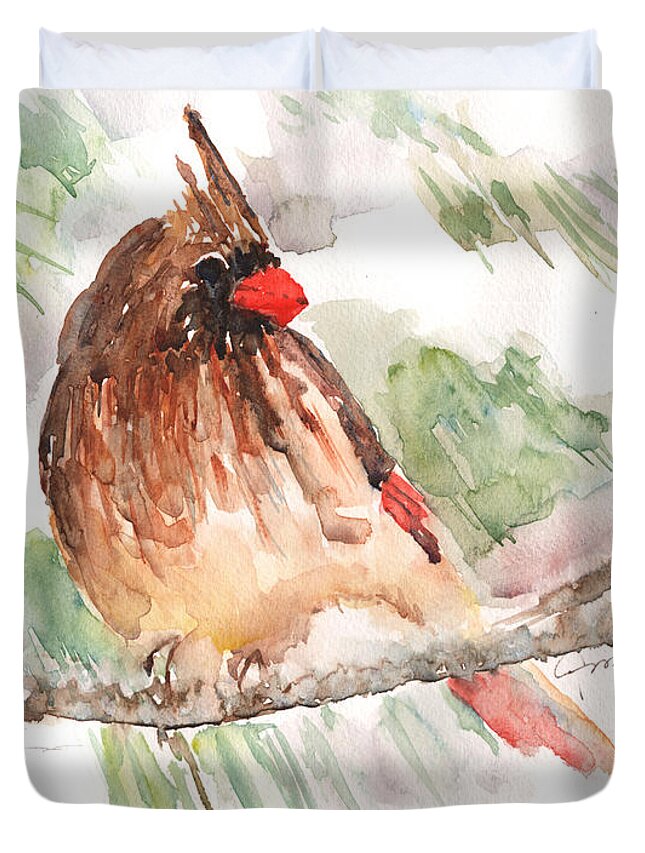 Cardinal Bird Duvet Cover featuring the painting Cardinal in the Snow by Claudia Hafner