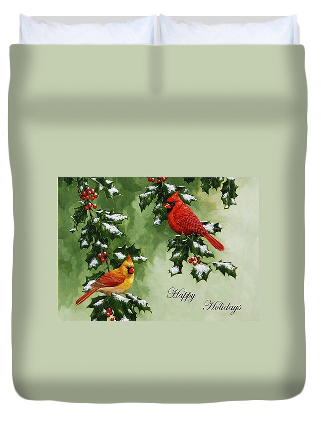 Birds Duvet Cover featuring the painting Cardinals Holiday Card - Version with snow by Crista Forest