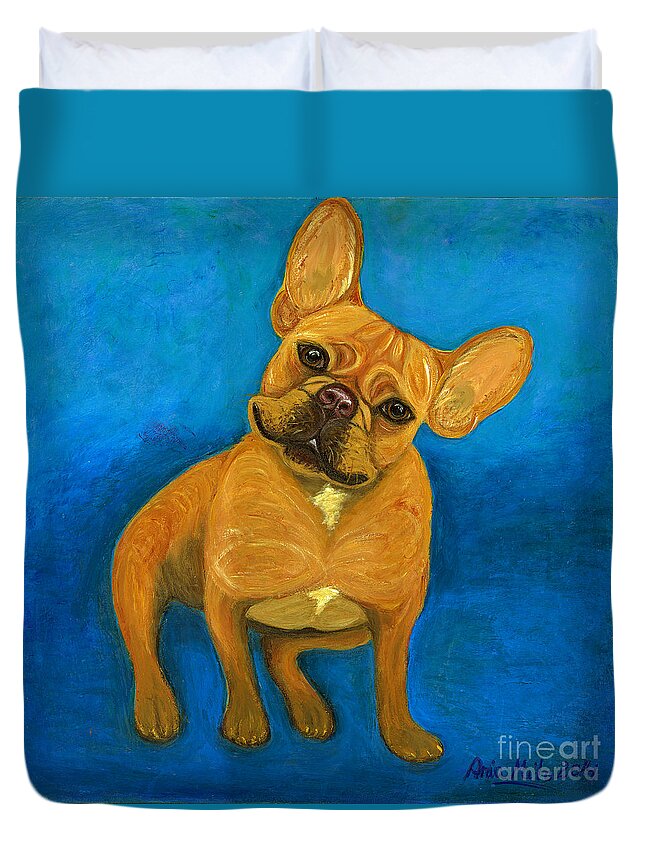 Dog Duvet Cover featuring the painting Carmen French Bulldog by Ania M Milo