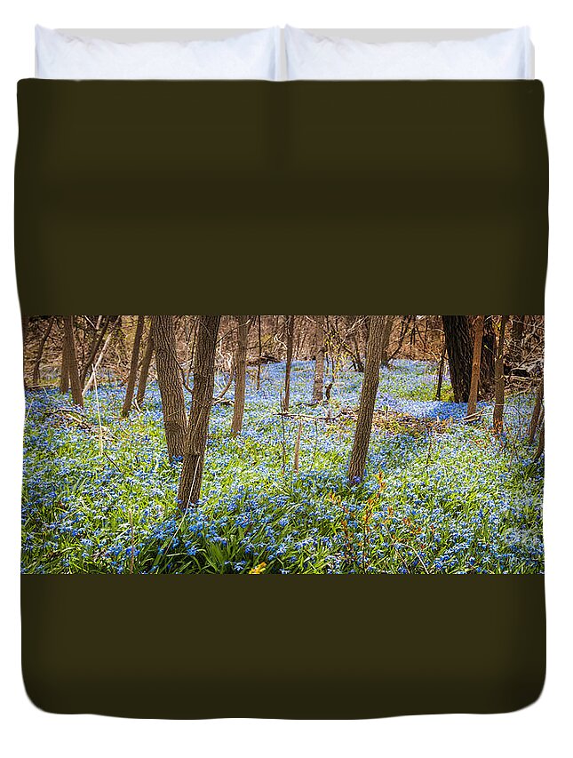 Flowers Duvet Cover featuring the photograph Carpet of blue flowers in spring forest 3 by Elena Elisseeva