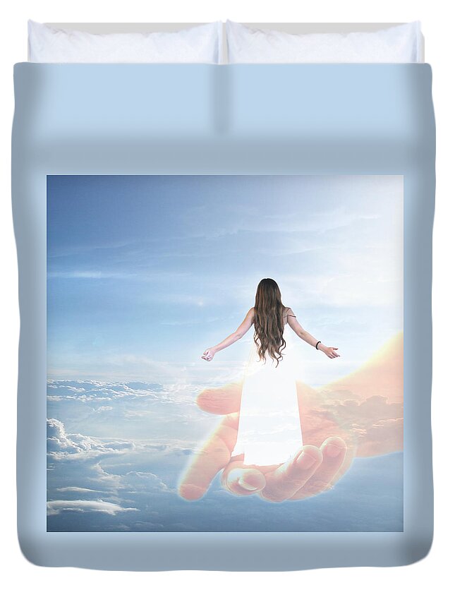 Manipulation Duvet Cover featuring the digital art Carried By God's Hand by Ester McGuire
