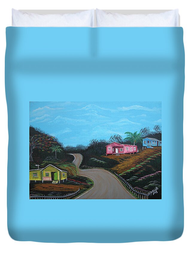 Wooden Houses Duvet Cover featuring the painting Casitas De Madera by Gloria E Barreto-Rodriguez