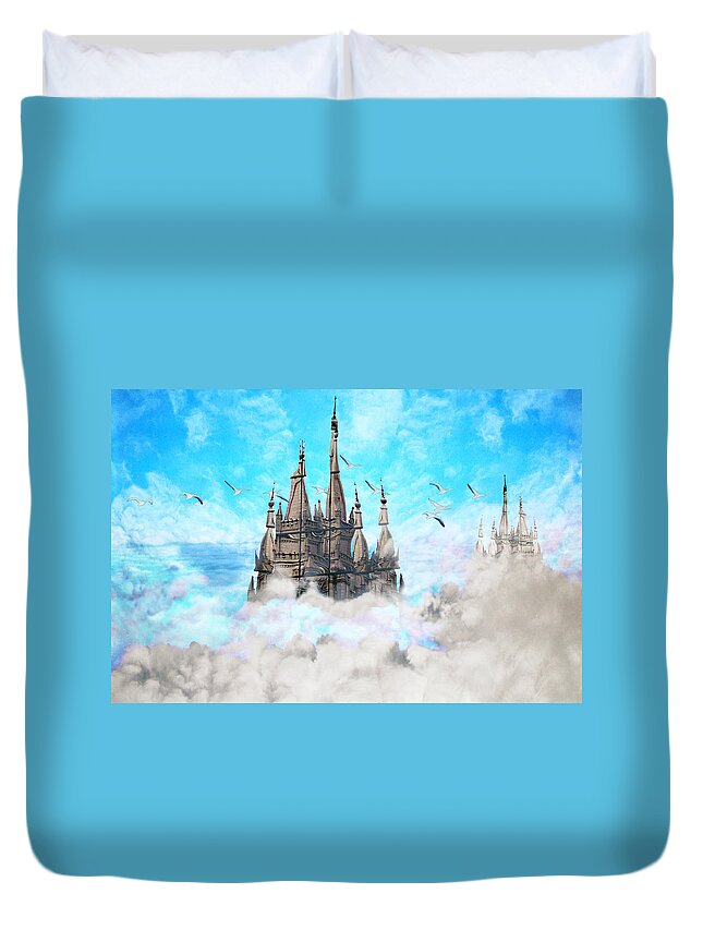 Castle Duvet Cover featuring the digital art Castle-Galleons by Lisa Yount