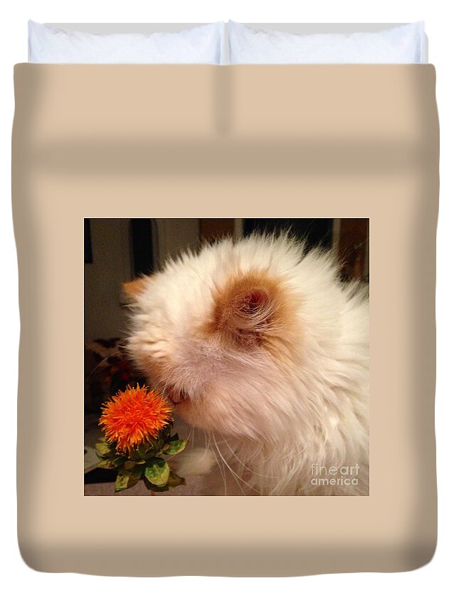 Cat Duvet Cover featuring the photograph Cat and his Flower by Carla Carson