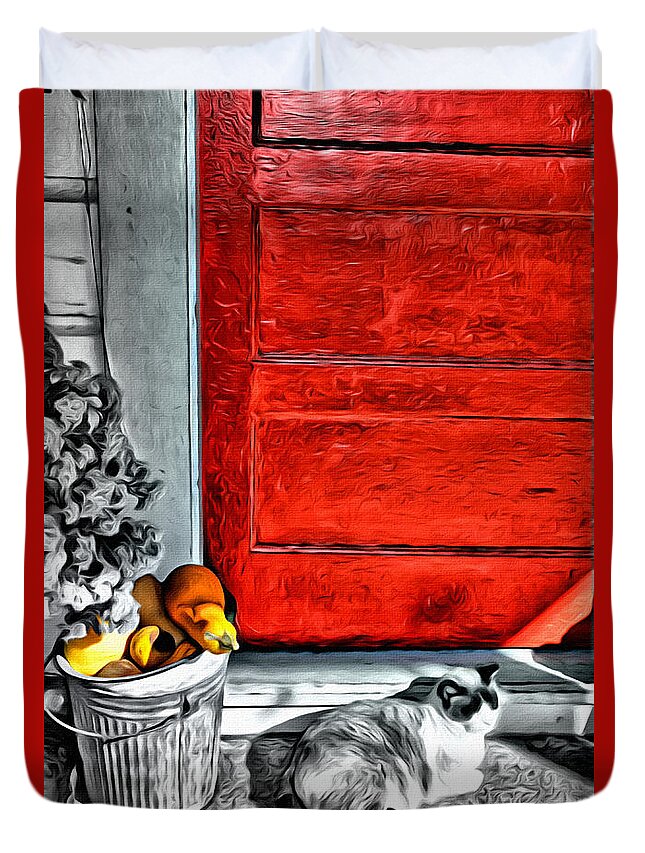 This Shot Just Called Out To Me. I Added An Oil Effect Just To Make It A Little More Artsy. One Of My Popular Gift Cards. Duvet Cover featuring the photograph Cat by the Red Door by Spencer Hughes