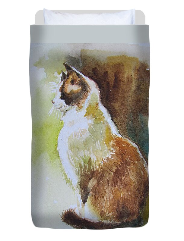 Cat Duvet Cover featuring the painting White and Brown Cat by Jyotika Shroff