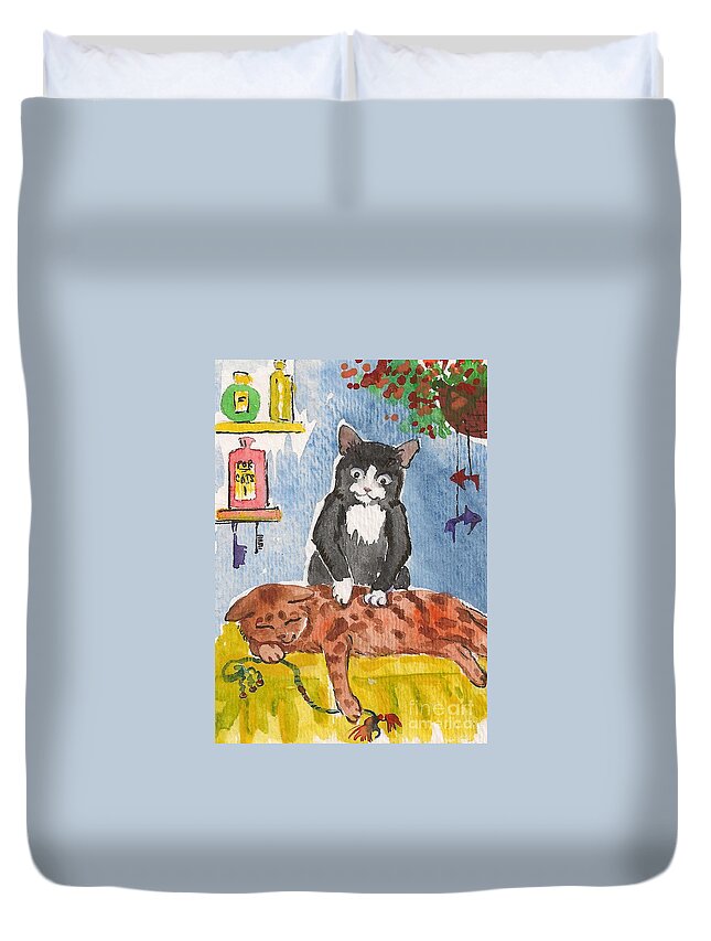 Print Duvet Cover featuring the painting Cat Massage by Margaryta Yermolayeva