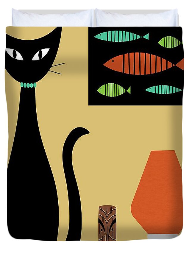 Mid Century Modern Duvet Cover featuring the digital art Cat on Tabletop by Donna Mibus