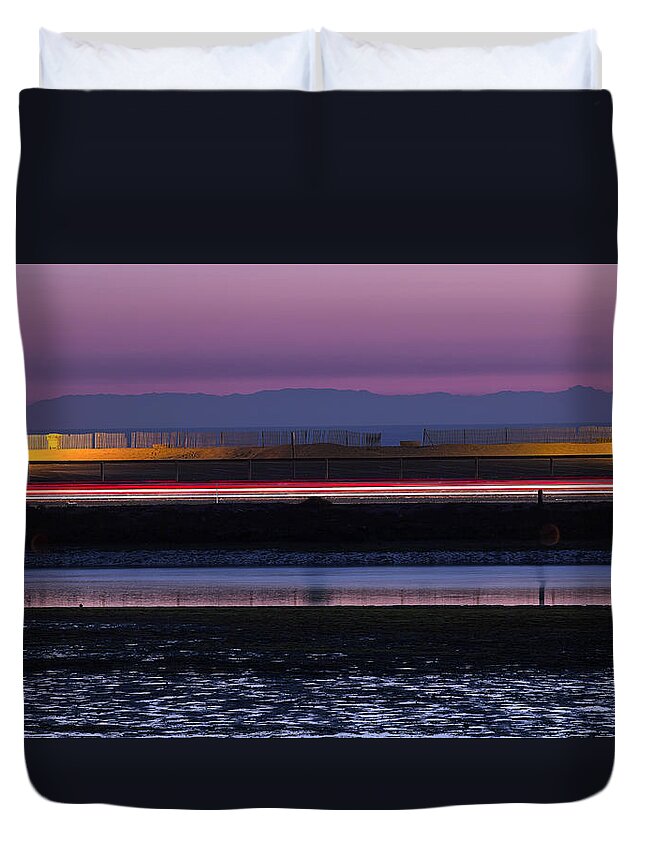 Abstract Duvet Cover featuring the photograph Catalina Bolsa Chica PCH Light trails and the Wetlands By Denise Dube by Denise Dube