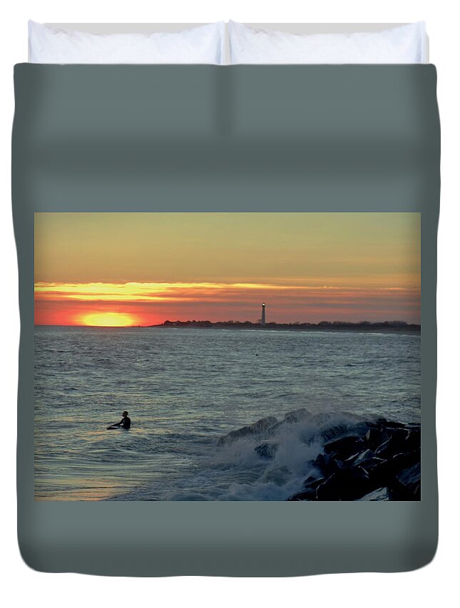 Sunset Duvet Cover featuring the photograph Catching a Wave at Sunset by Ed Sweeney