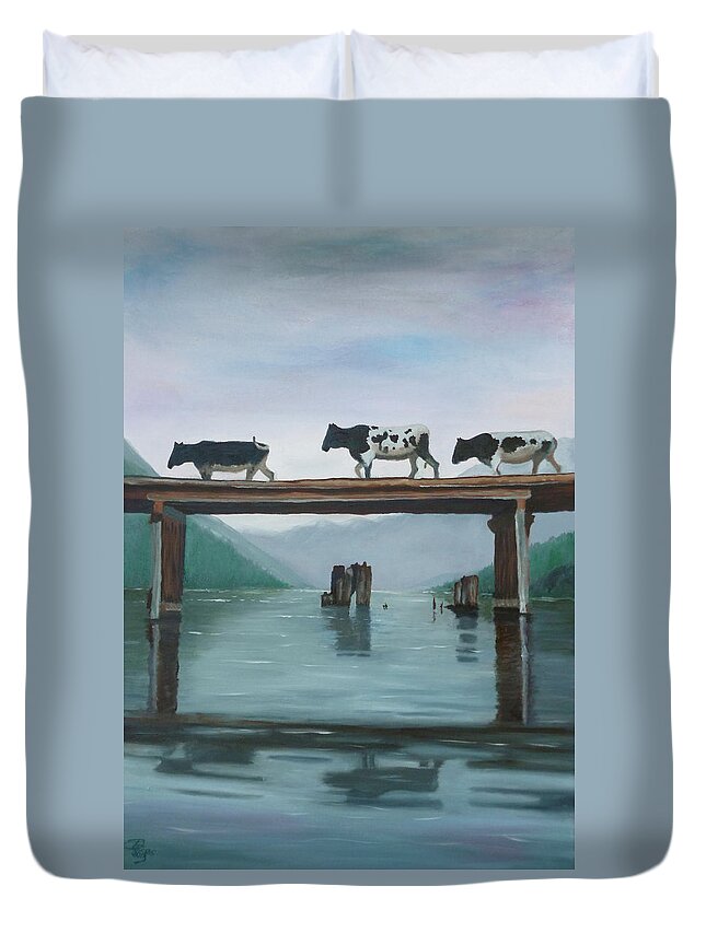 Cows Duvet Cover featuring the painting Cattle Crossing by Petra Stephens
