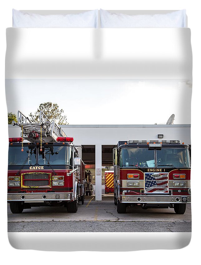 Cayce Duvet Cover featuring the photograph Cayce Fire Trucks-1 by Charles Hite