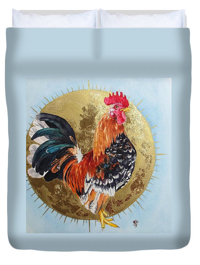 Mille Fleur Serama Cockerel Duvet Cover featuring the painting Celestial Chicken Brutus by Kirsten Beitler