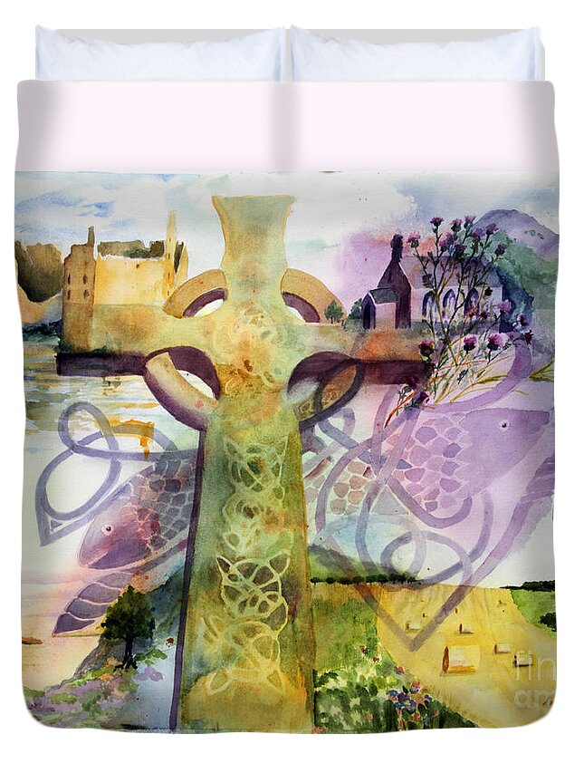 Celtic Cross Duvet Cover featuring the painting Inspired By Ancient Designs by Maria Hunt