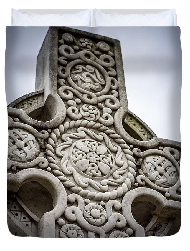 Celtic Duvet Cover featuring the photograph Celtic Cross Tomb Stone by Brett Engle