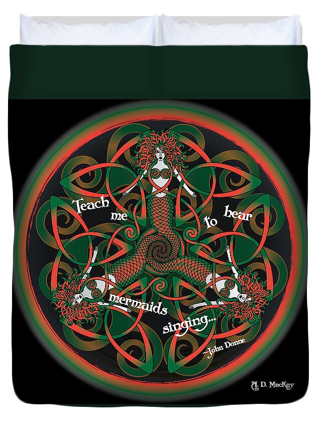 Celtic Art Duvet Cover featuring the digital art Celtic Mermaid Mandala in Orange and Green by Celtic Artist Angela Dawn MacKay