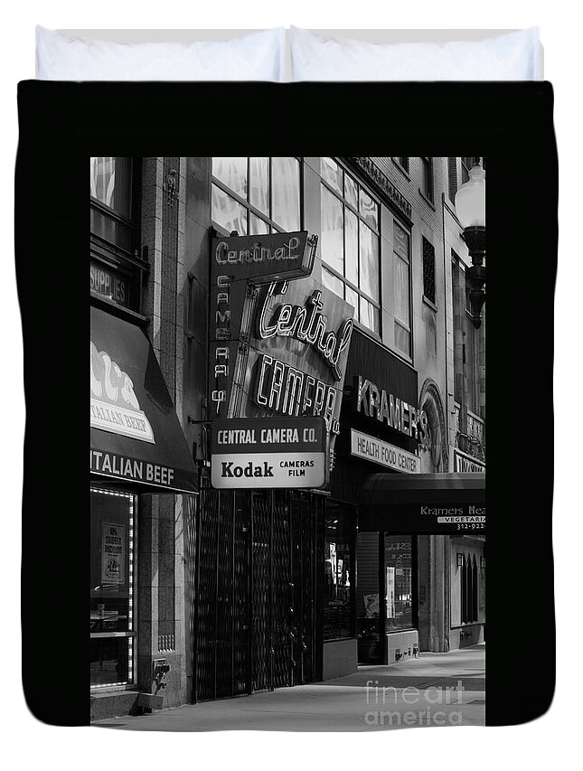 Chicago Duvet Cover featuring the photograph Central Camera Chicago - Black and White by Frank J Casella