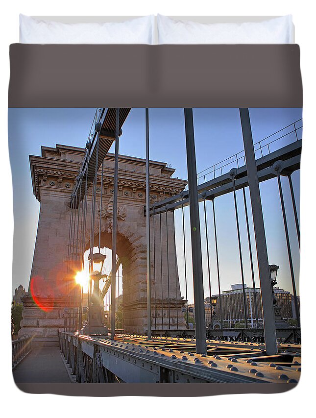 Clear Sky Duvet Cover featuring the photograph Chain Bridge At Sunrise In Budapest by Massimo Pizzotti