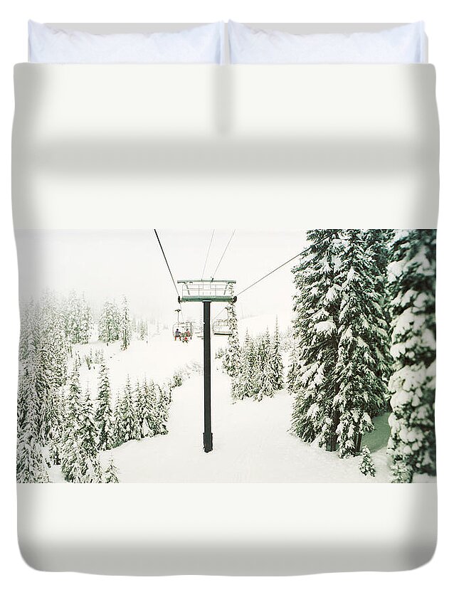 Photography Duvet Cover featuring the photograph Chair Lift And Snowy Evergreen Trees by Panoramic Images
