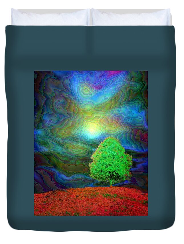 Tree Duvet Cover featuring the painting Change of seasons - Summer night in Enamel by Lilia D