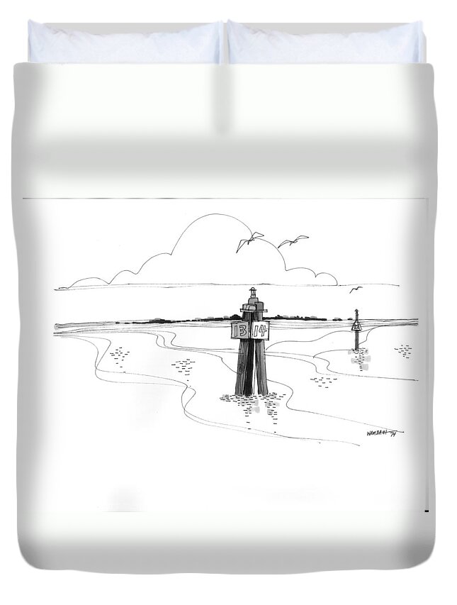 Orcracoke Duvet Cover featuring the drawing Channel Markers Ocracoke Inlet by Richard Wambach