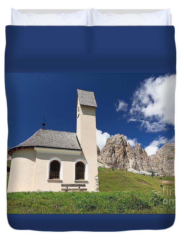 Adige Duvet Cover featuring the photograph chapel in Gardena pass by Antonio Scarpi