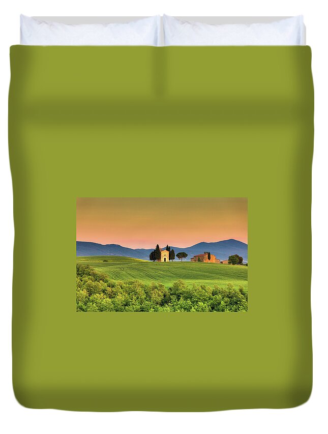 Roman Duvet Cover featuring the photograph Chapel Of Vitaleta In Tuscany, Val by Zodebala