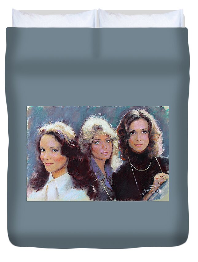 Charli's Angels Duvet Cover featuring the drawing Charli's Angels Kate Jackson Farrah Fawcett Jaclyn Smith by Viola El