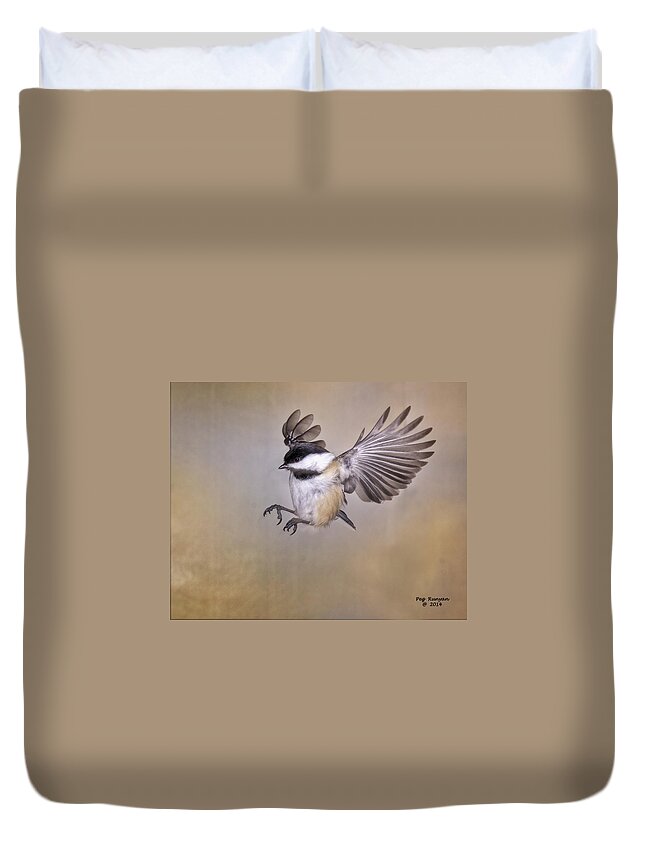 Chickadee In Flight Duvet Cover featuring the photograph Cheery Chickadee by Peg Runyan