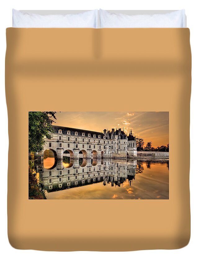 Chateau De Chenonceau Duvet Cover featuring the photograph Chenonceau Castle in the twilight panorama by Weston Westmoreland