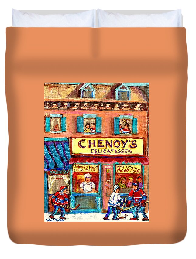 Paintings Of Chenoy's Deli Montreal Restaurants Duvet Cover featuring the painting Chenoys Delicatessen Montreal Landmarks Painting Carole Spandau Street Scene Specialist Artist by Carole Spandau