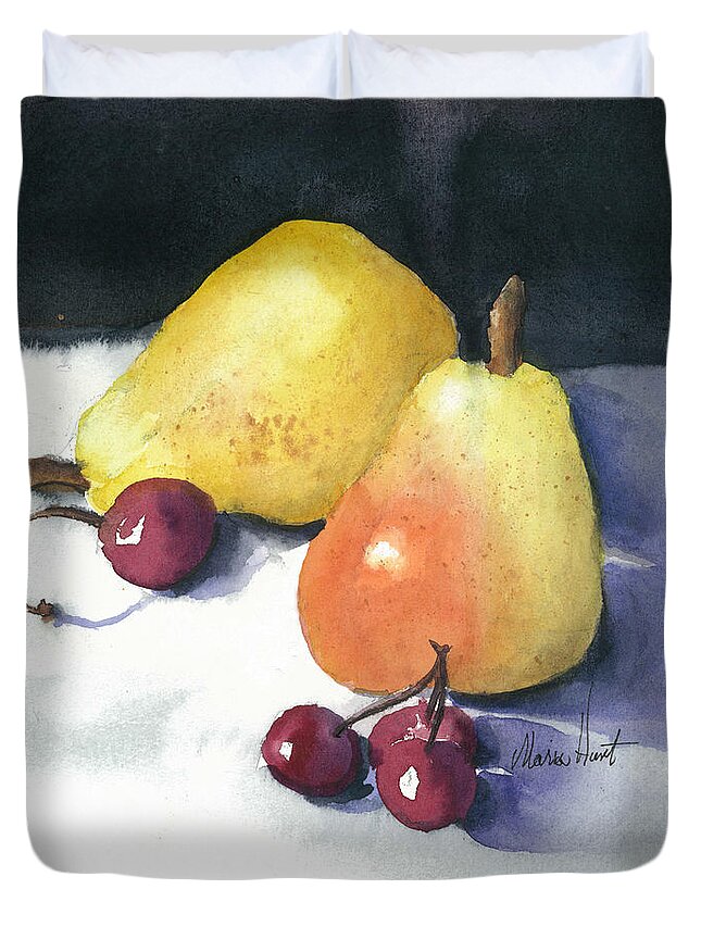 Fruit Duvet Cover featuring the painting Cherries and Pears by Maria Hunt