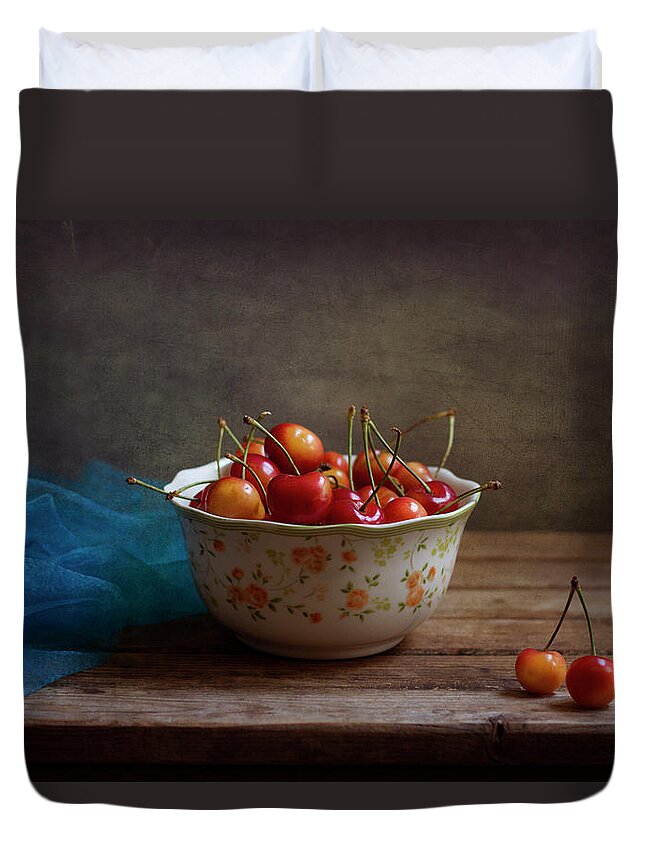 Cherry Duvet Cover featuring the photograph Cherries In Bowl With Blue Gauze by Copyright Anna Nemoy(xaomena)