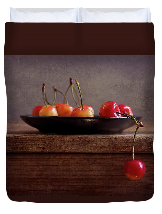 Cherry Duvet Cover featuring the photograph Cherries On Black Plate by Copyright Anna Nemoy(xaomena)