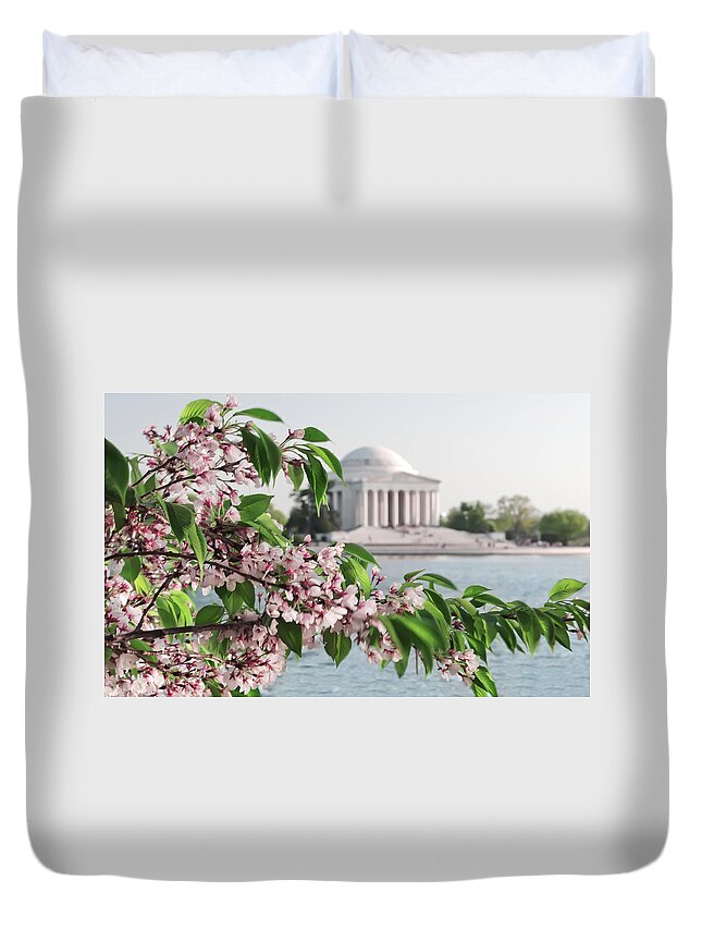 America Duvet Cover featuring the photograph Cherry Blossoms and the Jefferson Memorial 2 by Mitchell R Grosky